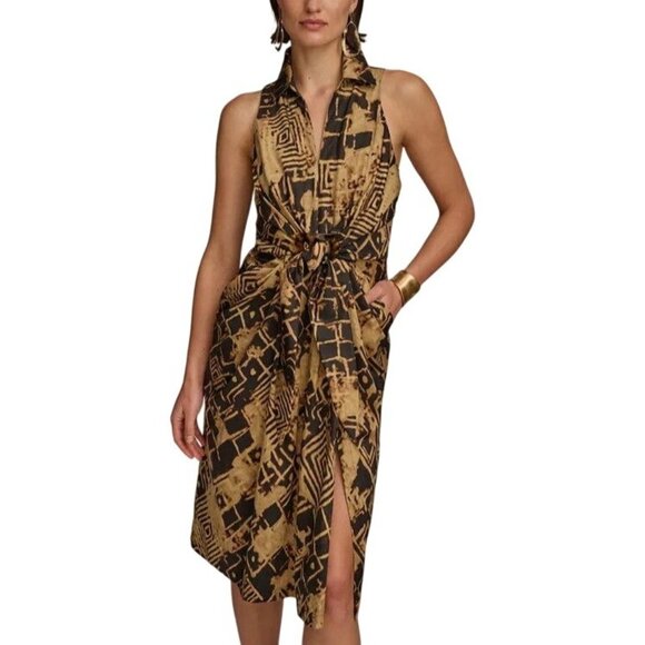 Donna Karan Dresses & Skirts - Donna Karan Womens Sleeveless Printed Tie-Front Shirt Dress Black Tan Size 12